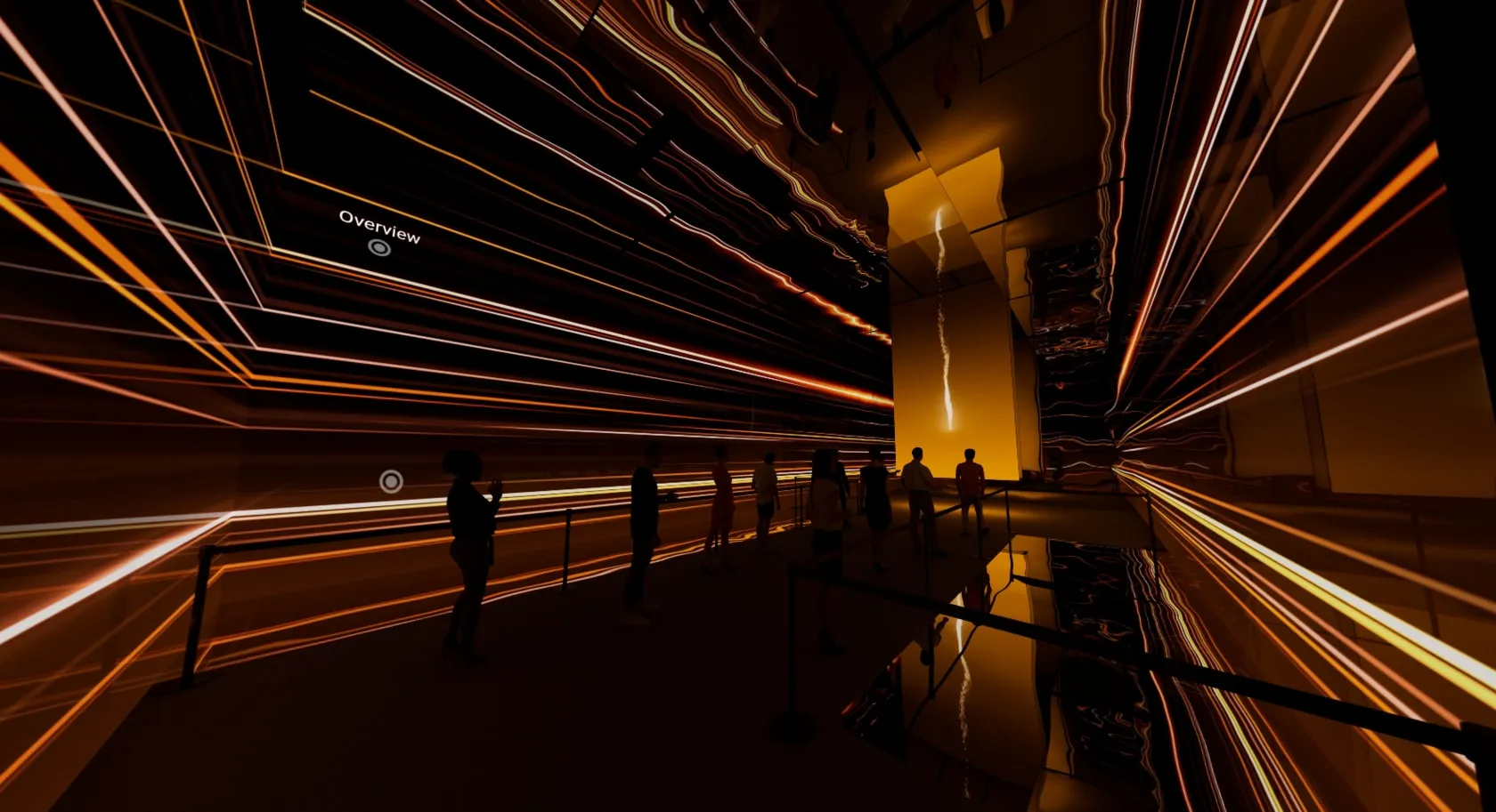 Visitors walking through a corridor lined with warm linear light.